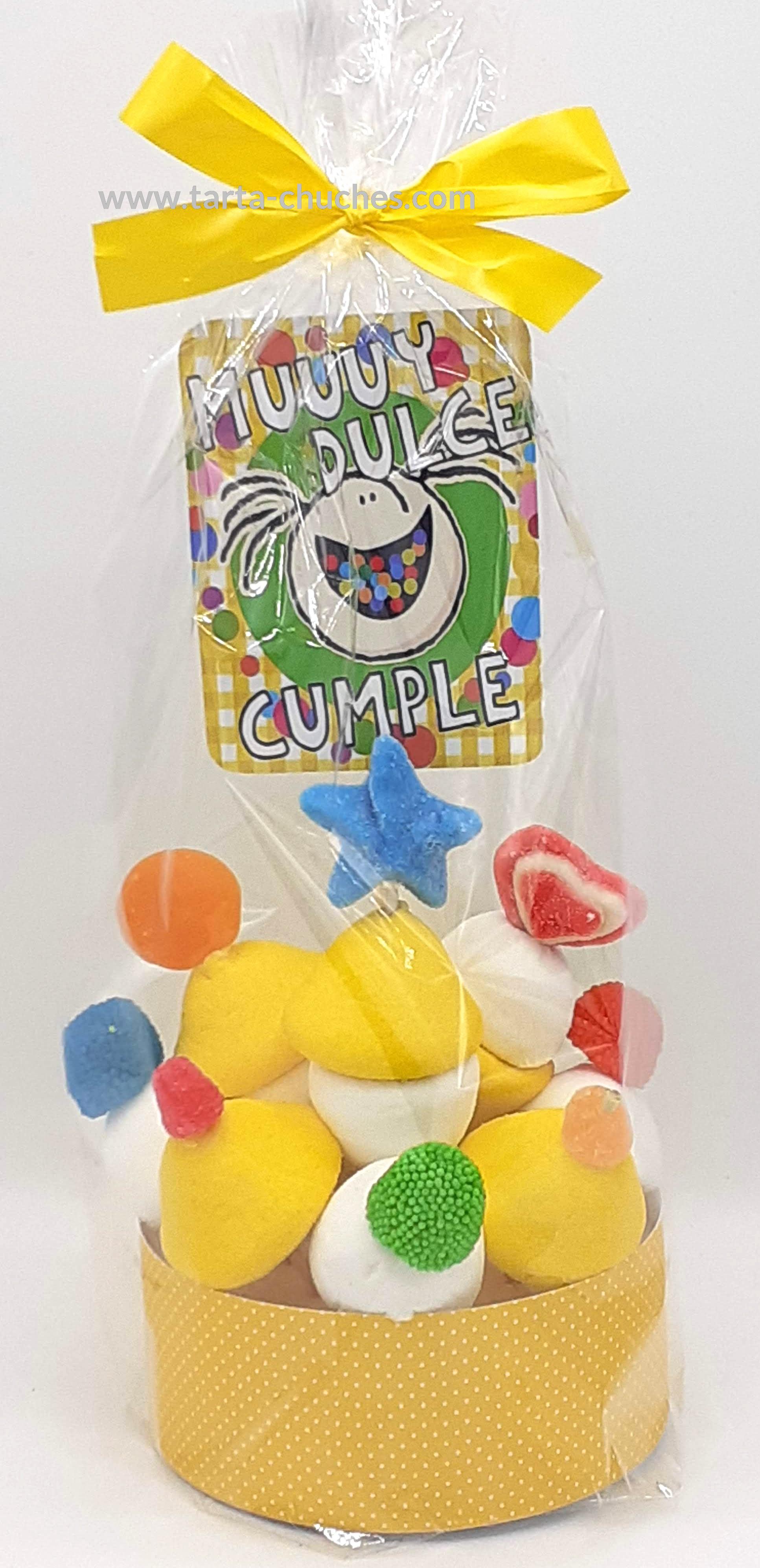 TARTA CHUCHES MINI ALTA AMARILLO "MUY DULCE CUMPLE"