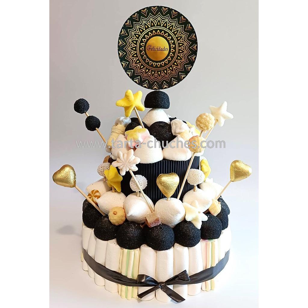 Tarta Chuches Mediana Mandala &quot;Felicidades&quot; Negro-Dorado