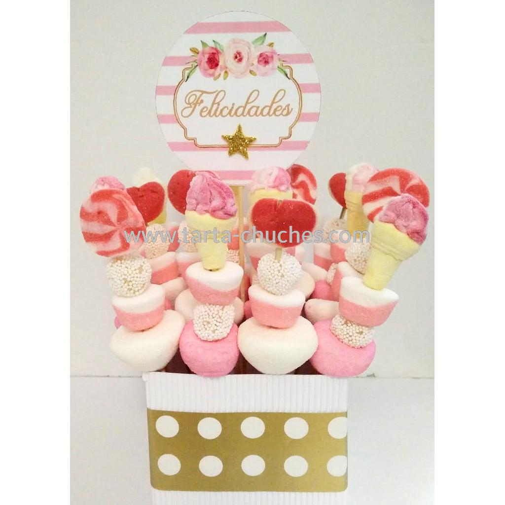 Centro 16 Mini Brochetas Chuches "Felicidades" Rosa-Dorado