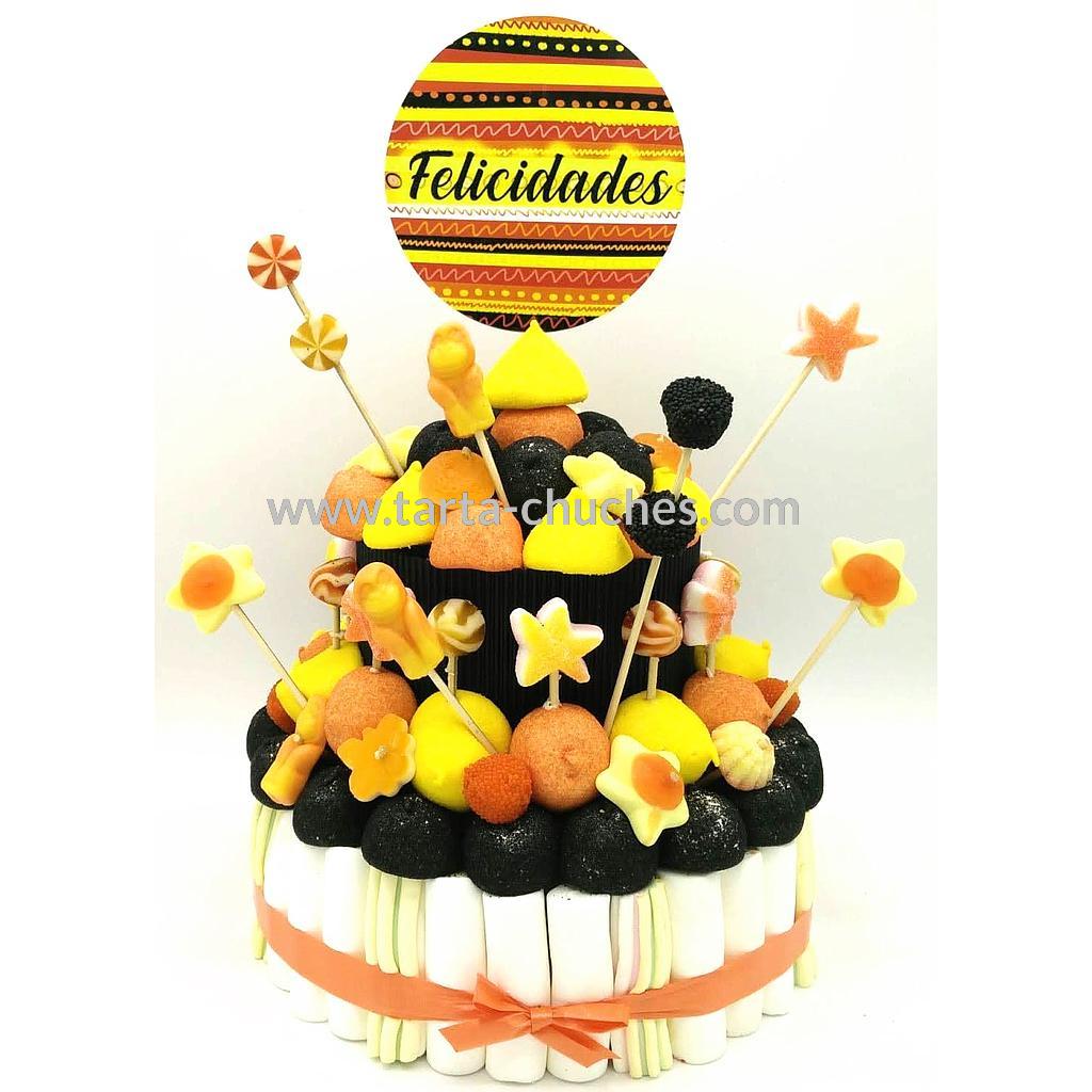 Tarta Chuches Mediana "Felicidades" Amarillo-Negro-Naranja