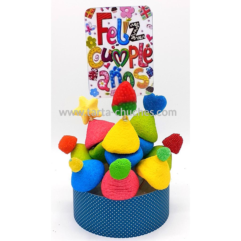 Tarta Chuches Mini Alta "Feliz Cumpleaños" Blanco