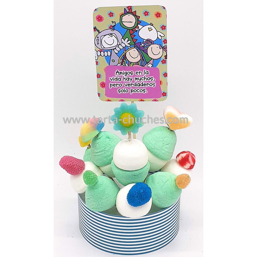 Tarta Chuches Mini Alta "Amigos en la vida hay muchos..." Verde-Morado