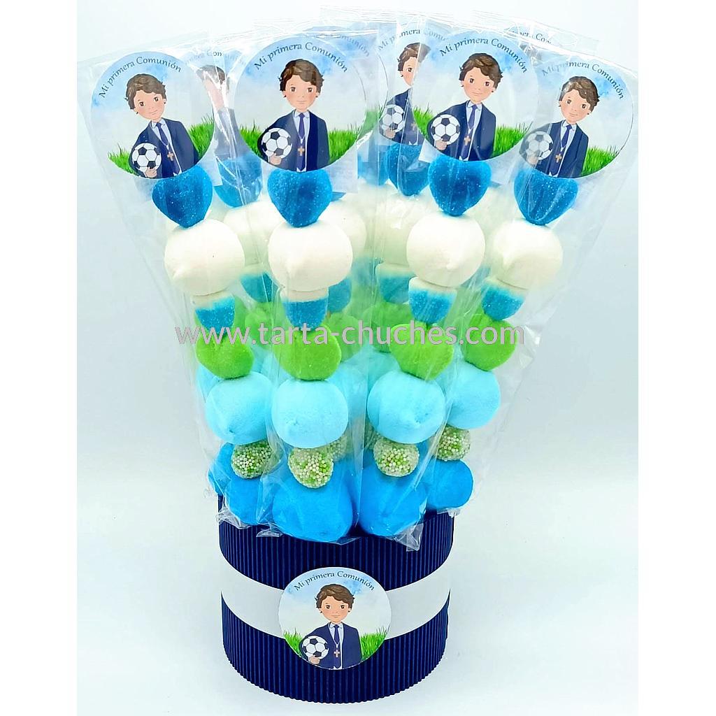 Cubo 30 Brochetas Chuches Comunion Niño Futbol