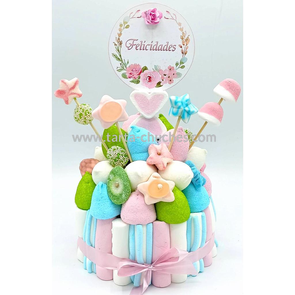 Tarta Chuches Pequeña &quot;Felicidades&quot; Rosa-Verde-Azul