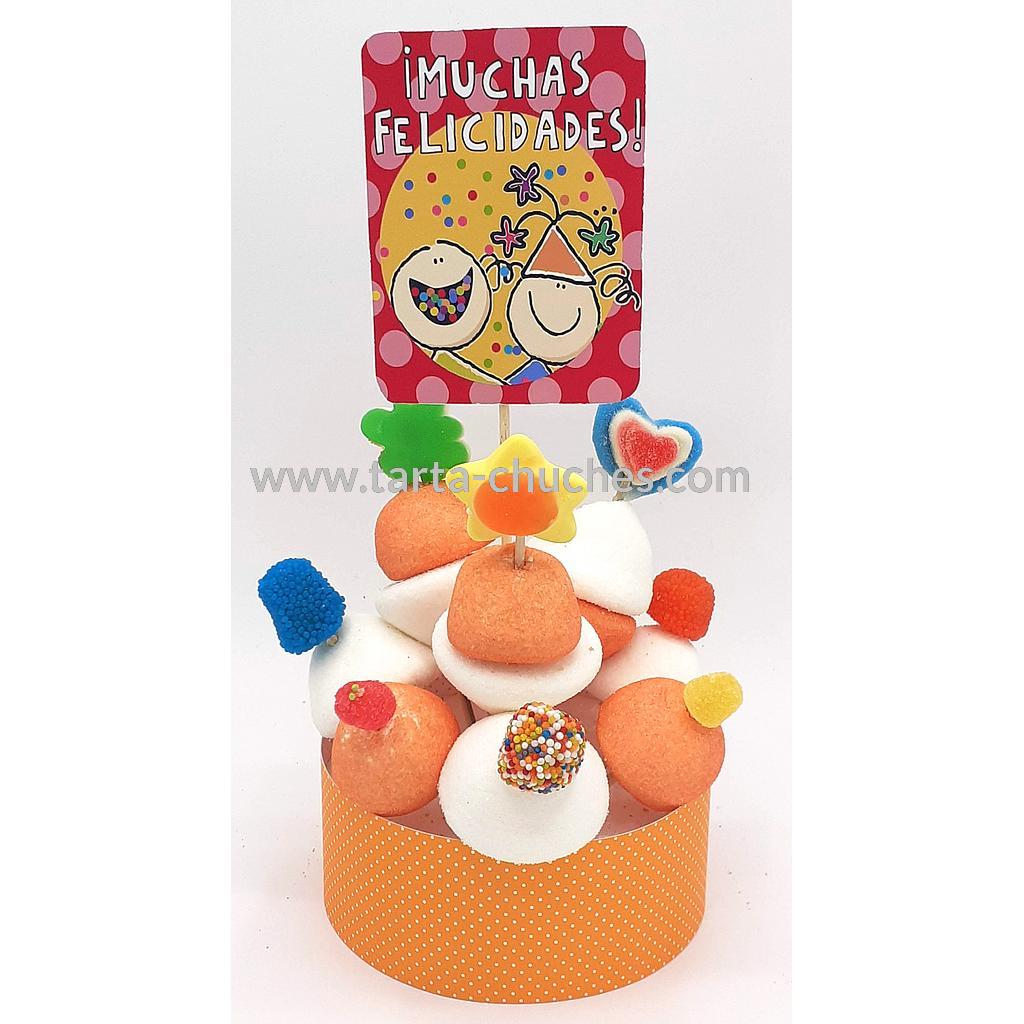 Tarta Chuches Mini Alta "Muchas felicidades" Naranja-Rojo